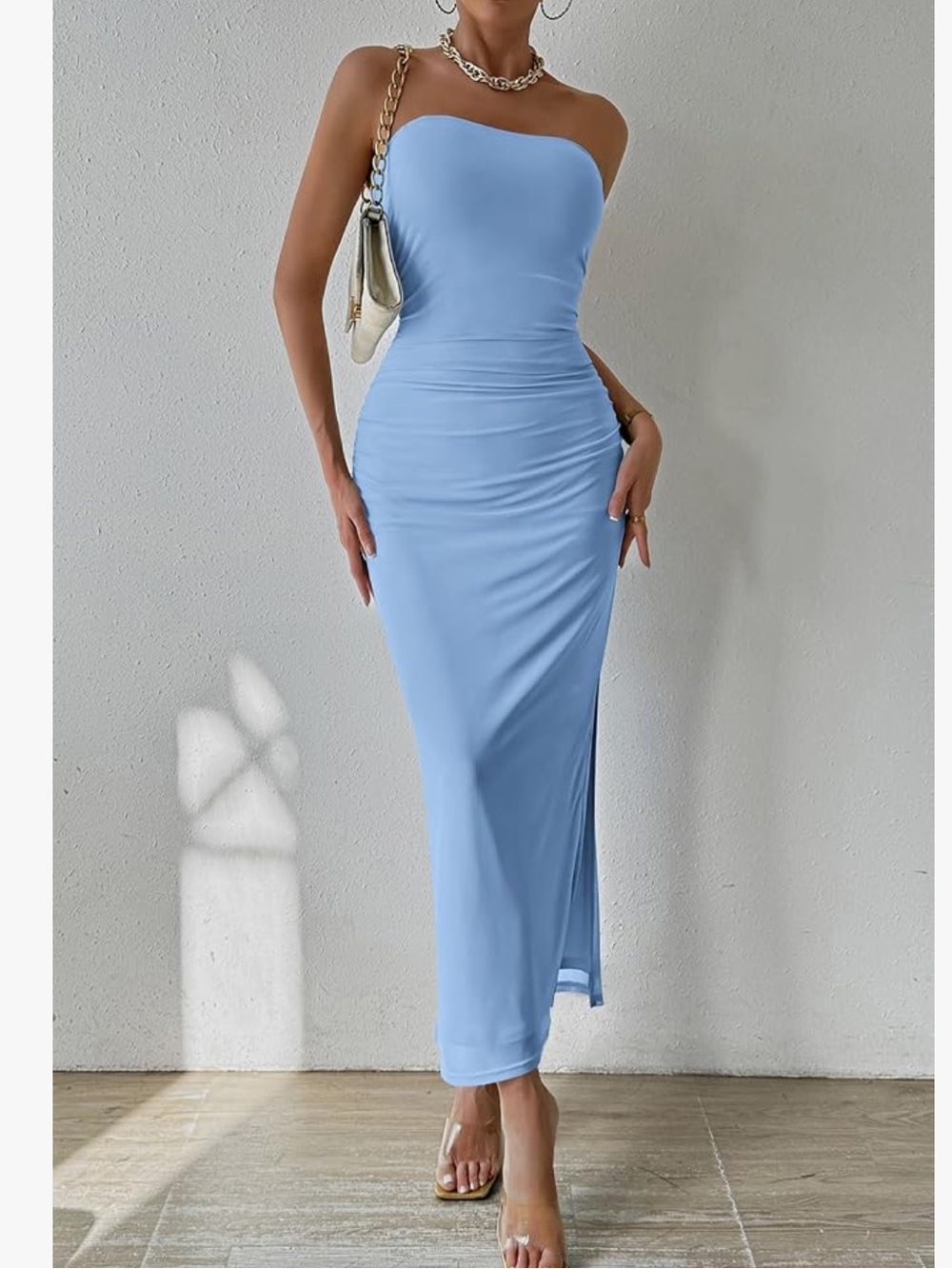 Strapless Ruched Bodycon Maxi Dress - Light Blue - Picture 1 of 2